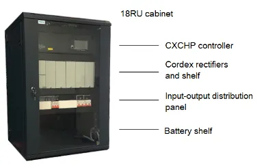 18RU Cordex DC power cabinet with CXCHP controller, Cordex rectifiers and shelf, input-output distribution panel and battery shelf