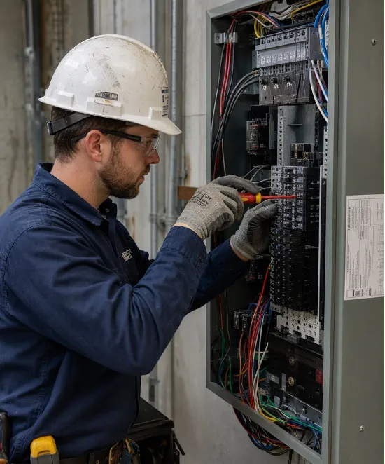 Electrical contractor working on a distribution board