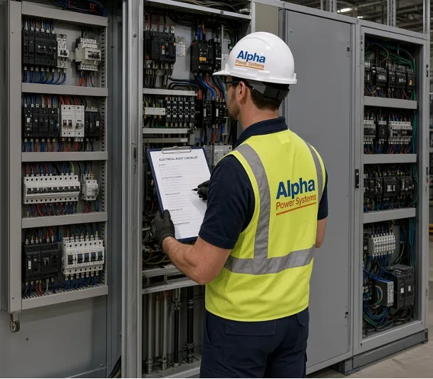 Technician carrying out an electrical audit of switchboard cabinets